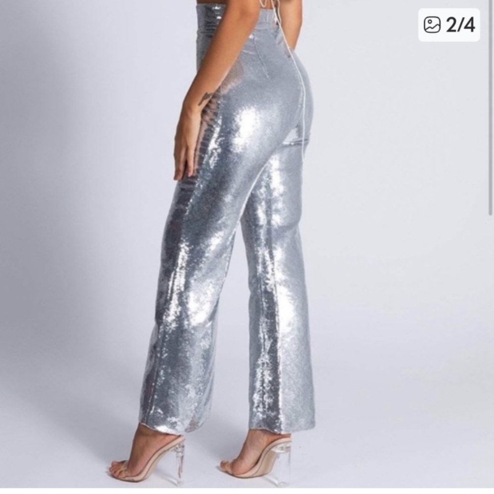 Meshki Metallic Silver Sequin Flare Pants